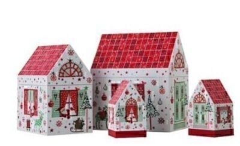4 Part Set of House Shape Gift Boxes in Gustav Design by Stewo. 1 Box size 21x25x13cm 1 Box size 18.5x22x11.5cm and 2 7x13x7cm. The Small two can be used to gift box Gift cards.